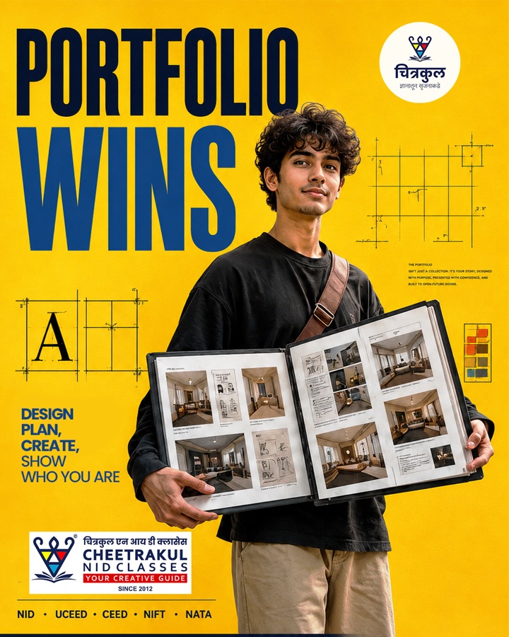 Student presenting a design portfolio in a bright yellow campaign poster