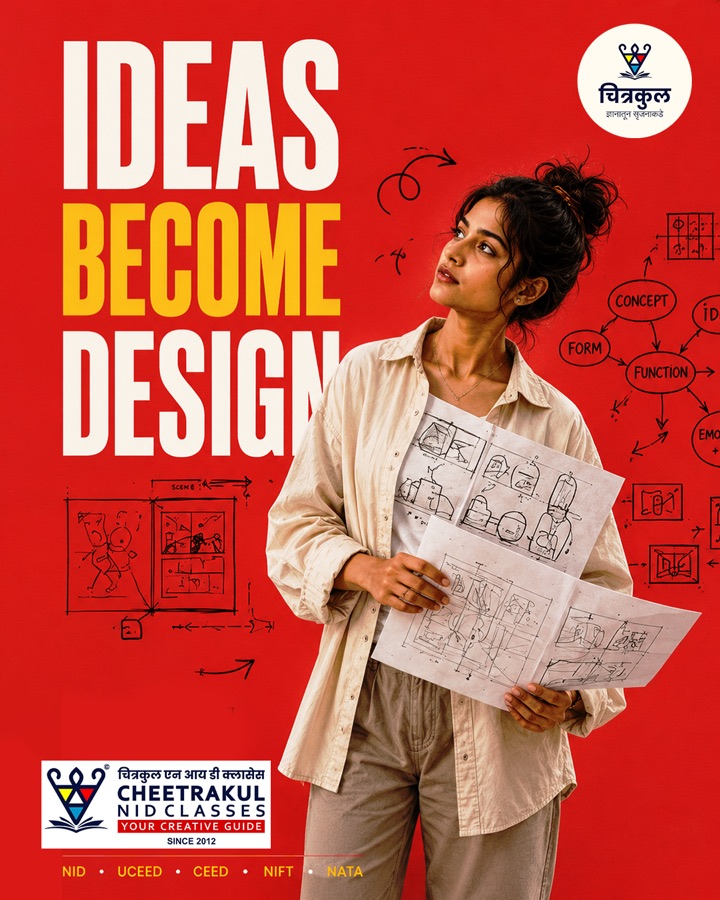 Student holding design sketches in a red design thinking campaign poster