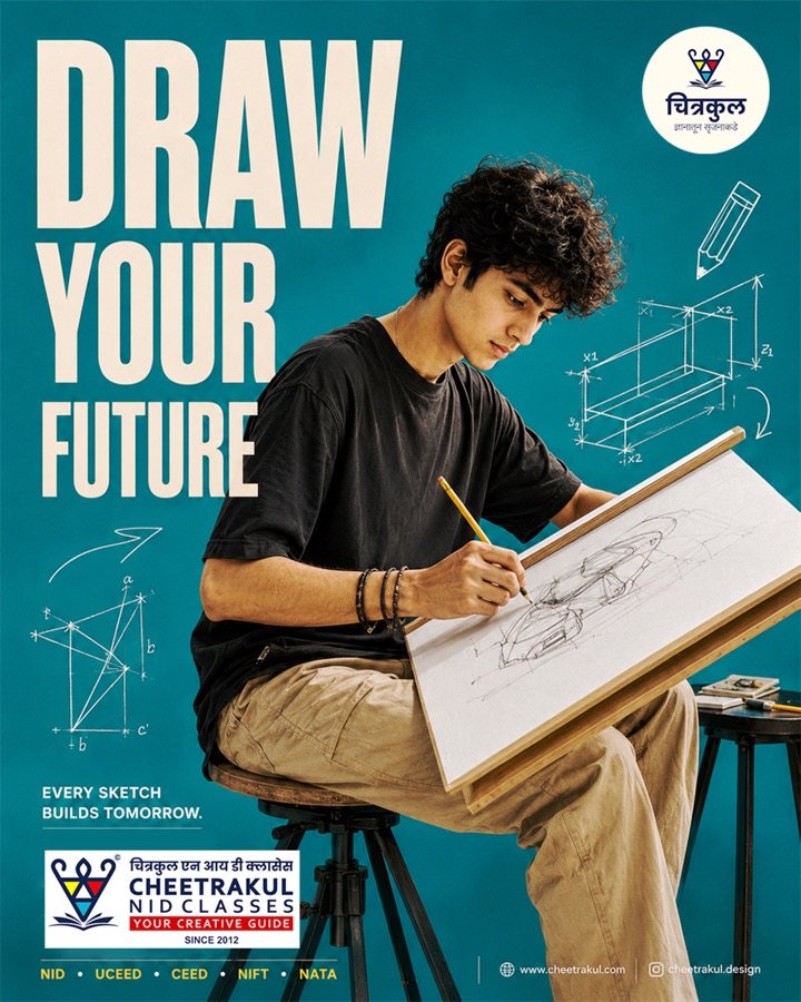 Student drawing at an easel in a teal creative education campaign poster