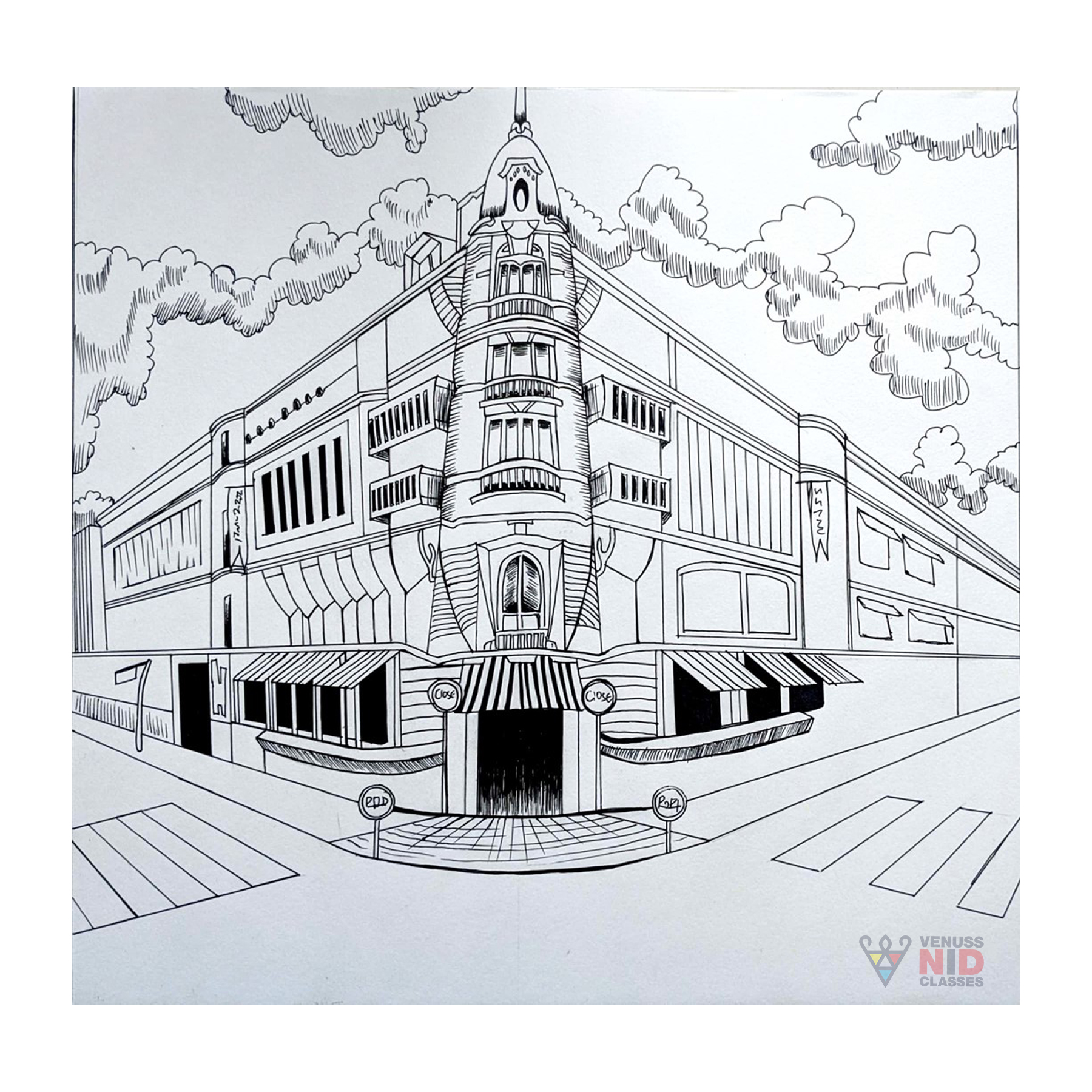 Student architecture perspective sketch of a street with a clock tower