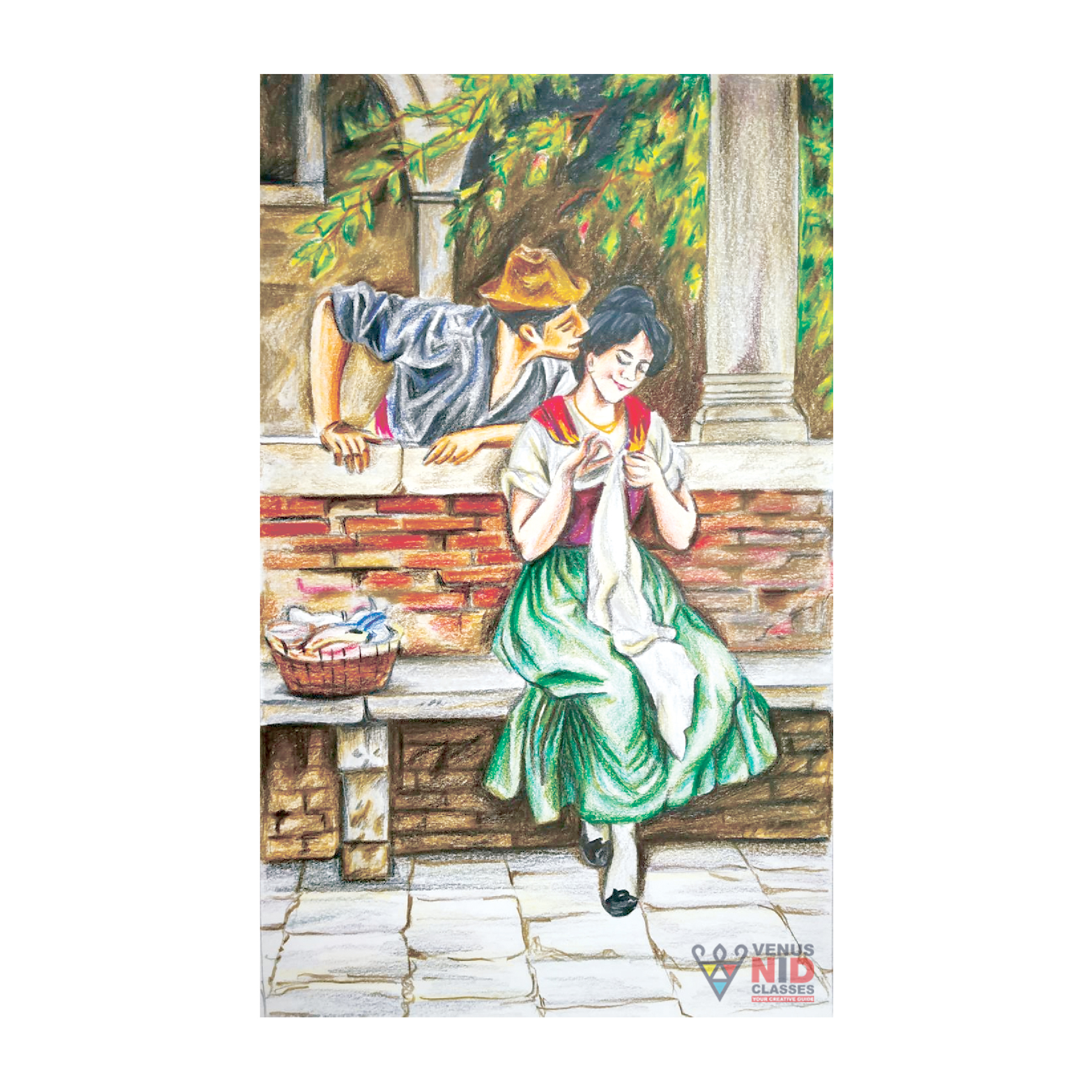 Student fashion illustration croquis with fabric swatches